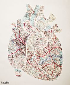 Coeur anatomical heart made out of maps paper cutouts Collage, Resim, Hart, Ilustrasi, Kunst, Illustrations, Sanat