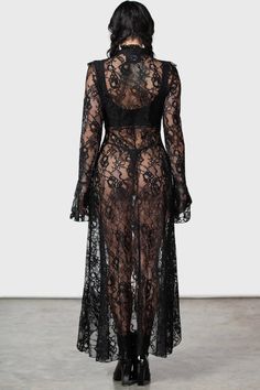 CONDOLENCES.- Custom made stretch lace.- Front button closure.- Statement frilly high neckline.- Flared long sleeves.- Asymmetric hem.- Maxi length.Model is 5ft 9 and wears a size XS.with KILLSTAR branding, 100% Polyamide.