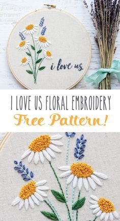 two cross stitch flowers with the words i love us floral embroidery free pattern on them