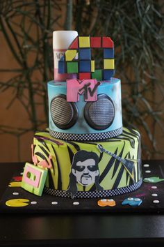 '80s MTV themed birthday cake Ideas, 40th Birthday, Desserts, Cake, Custom Cakes, Themed Birthday Cakes, Adult Birthday Cakes, 40th