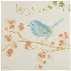 a painting of a blue bird sitting on a branch with flowers and butterflies around it