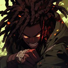 an anime character with dreadlocks on his head and hands in front of him