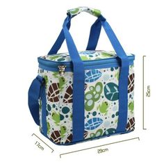 a blue and green lunch bag with turtle designs on the side, measurements are shown