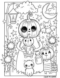 an adult coloring book with pumpkins and cats in the background, one is holding a baby