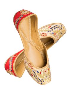 Buy Beige Red Resham Hand Embroidered Leather Mojari online at Theloom Boho, Leather, Diy, Embroidered Silk, Handcrafted Shoes, Printed Kurti Designs