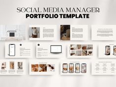 the social media manager powerpoint template is displayed on a white background with multiple images