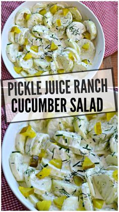 two bowls filled with pickle juice ranch cucumber salad on top of a red and white checkered table cloth