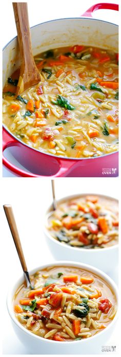 two pictures showing different types of food in the same pan, one with noodles and carrots