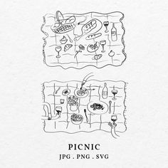 two drawings depicting different food items on a white paper with the words picnic written in black ink