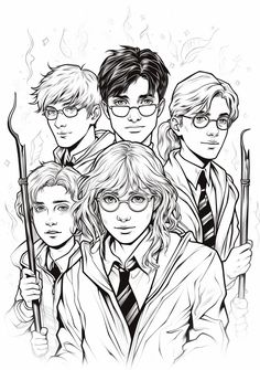 the harry potters coloring pages are in black and white, with one person holding a wand