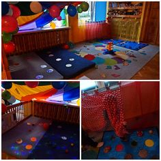 there are many different pictures of a child's room with balloons on the floor