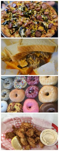 four different types of doughnuts and pastries