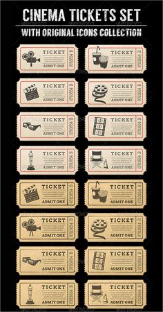 an old movie ticket is shown with the words cinema tickets set and other items on it