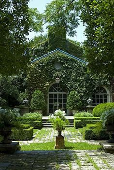green gardens Classic Garden Design, Gorgeous Gardens, White Gardens, Beautiful Gardens, Beautiful Homes, Garden Inspiration, Formal Garden, Courtyard Landscaping