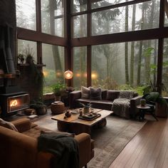 a living room filled with furniture and a fire place in the middle of a forest