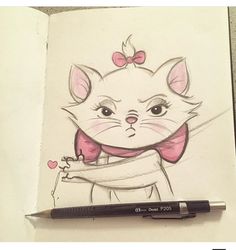 a drawing of a cat wearing a pink bow