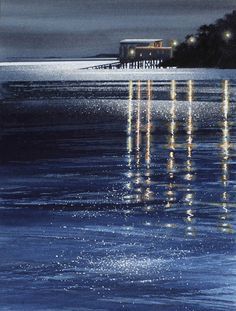 an oil painting of a pier at night with lights reflecting off the water and trees in the background
