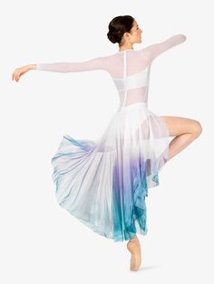 a woman in a white and blue dress is doing a dance move with her arms outstretched