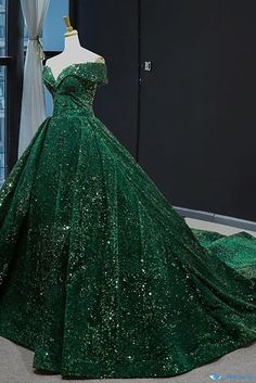 Orcajump - Bridal Ball Gown with Red Shoulder and Dreamy Train Wedding Dress Haute Couture, Lady, Green Sparkly Prom Dresses, Prom Dresses Ball Gown, Green Prom Dress, Sparkly Prom Dresses, Prom Party Dresses, Ball Gowns Prom, Quince Dress