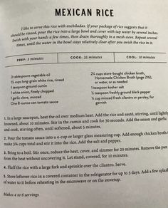 the ingredients for mexican rice are shown in this recipe book, which includes instructions to make it
