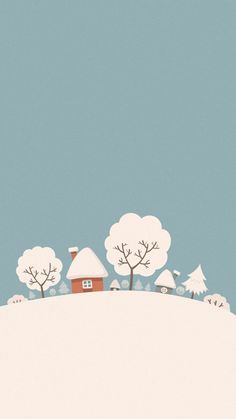 a small house on top of a snow covered hill with trees in the foreground