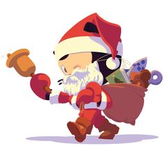a cartoon santa claus carrying a bag full of gifts and stuff to go with it