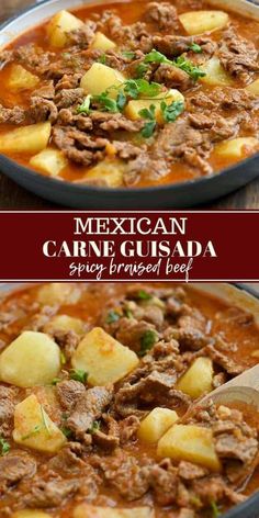 two pictures of mexican carniplas stew with potatoes and meat in a pan