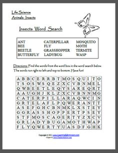 an insect word search is shown in this printable worksheet for the classroom