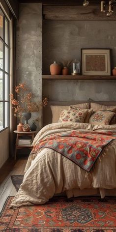 a bedroom with a large bed and lots of pillows on the floor next to a window