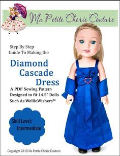 an advertisement for a doll maker's guide to making the diamond cascade dress pattern