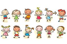 a group of cartoon children with different poses and haircuts, all holding hands in the same direction