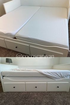 two pictures of a bed with drawers and a mattress on top of the bottom drawer