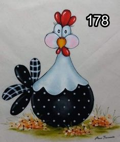 a painting of a chicken with black and white polka dots on it's body