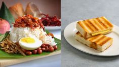 two pictures side by side one with food and the other with eggs on toasted bread
