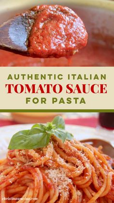 an italian tomato sauce for pasta on a spoon with the title overlaying it
