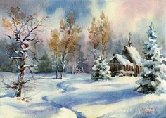 a watercolor painting of a snowy landscape with a cabin in the distance and trees