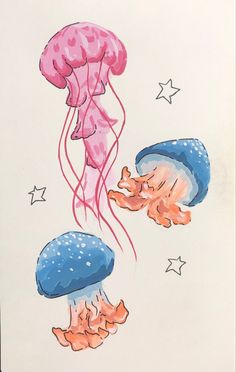 two jellyfishs floating in the air with stars around them on a white background