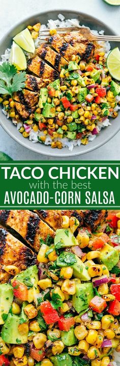 two plates with grilled chicken and avocado corn salsa