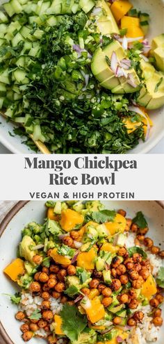 mango chickpea rice bowl with avocado, carrots and cilantro