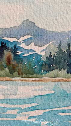 a watercolor painting of mountains and trees on the side of a body of water
