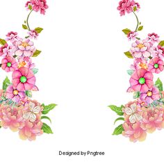 two pink flowers with green leaves on the top and bottom are arranged in an arch