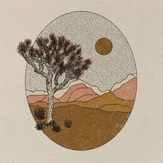 a drawing of a tree in the middle of a desert with mountains and sun behind it