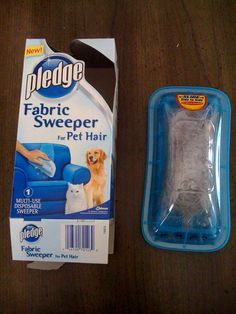 a package of fabric sweeper next to a dog on the table with it's packaging