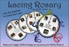 three discs with pictures on them and the words lacing rosary