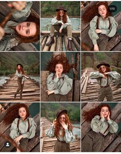 a collage of photos shows a woman with long red hair wearing a hat and green shirt