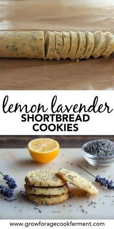 lemon lavender shortbread cookies on a cutting board and in the process of being sliced