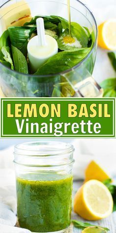 lemon basil vinaigrette in a blender with the title above it