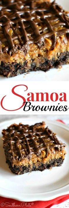 chocolate caramel brownies are stacked on top of each other with the title above it