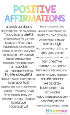 a poster with the words positive affirmations written in different colors and font on it