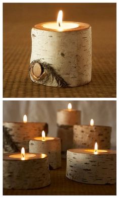 three different pictures of candles in birch logs with one lit and the other turned on
